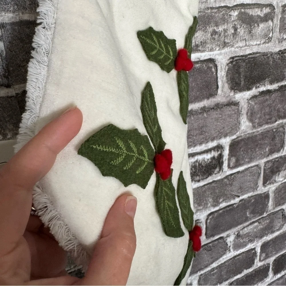 NWT Pier 1 Christmas stocking White green holly leaves